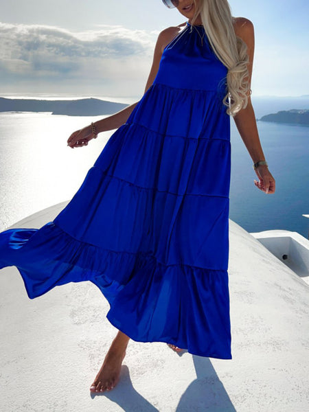 Ruched Solid Color Swing Skirt Beach Vacation Dress