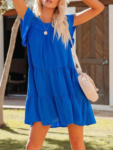 Fashion Pleated Loose Solid Color Short Sleeve Dress