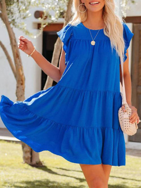 Fashion Pleated Loose Solid Color Short Sleeve Dress