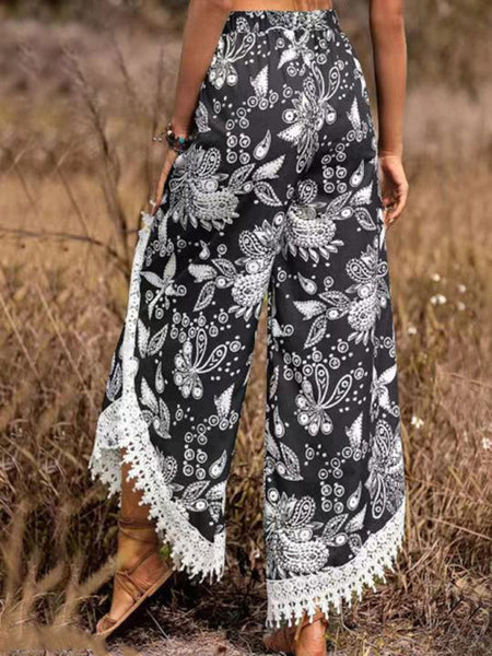 Women's ethnic style print stitching lace trousers