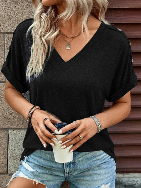 Women's Casual Solid Color Button Short Sleeve T-Shirt