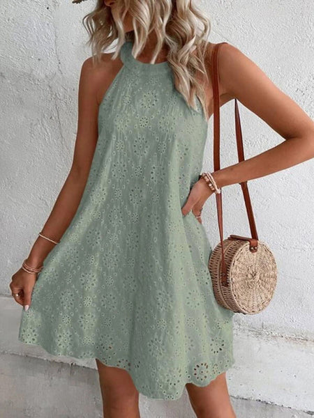 Women's Solid Color Cotton Embroidered Fabric Sleeveless Dress