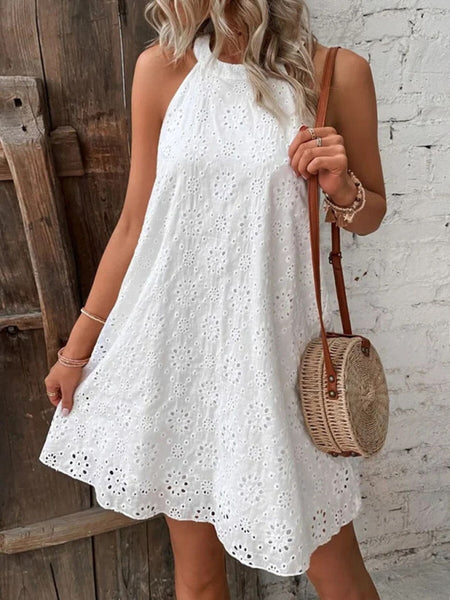 Women's Solid Color Cotton Embroidered Fabric Sleeveless Dress