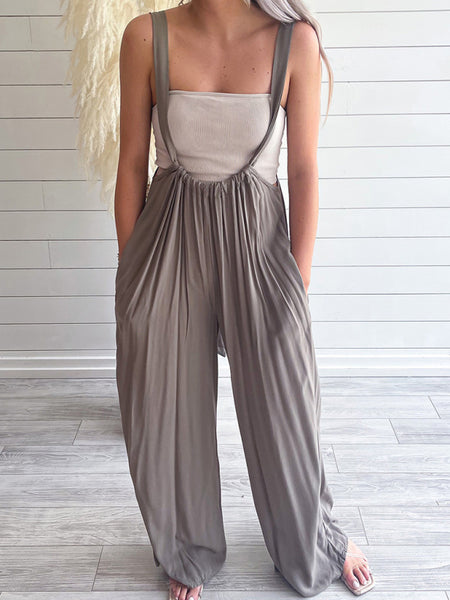New jumpsuit solid color all-match lace-up loose double side pocket wide-leg trousers