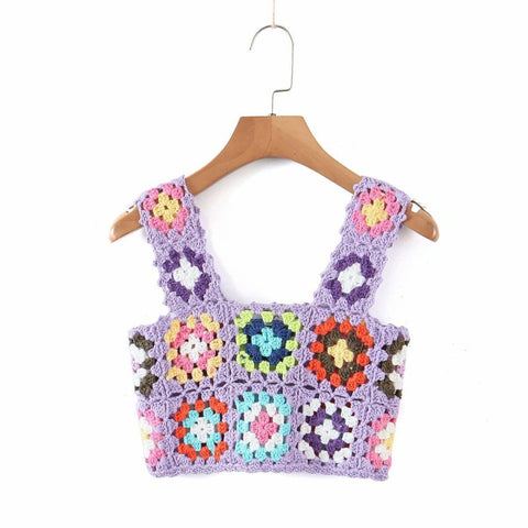 Fashionable Square Neck Sleeveless Short Sleeve Crochet Hollow Vest